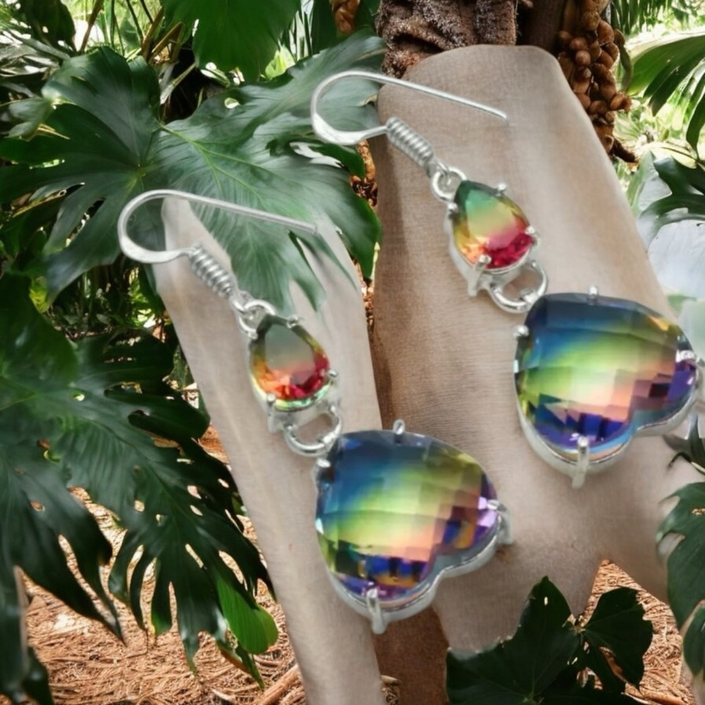 Bi-Color Tourmaline Dangle Earrings, 925 Silver overlay, Gemstones. Hand crafted